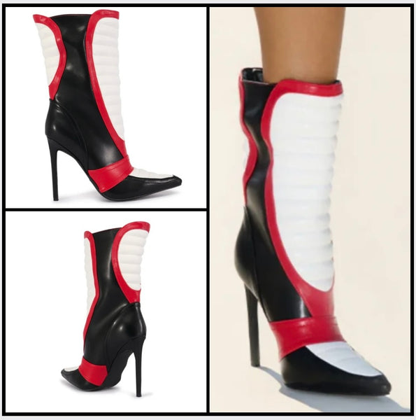 Women Color Patchwork Pointed Toe Faux Leather Ankle Boots