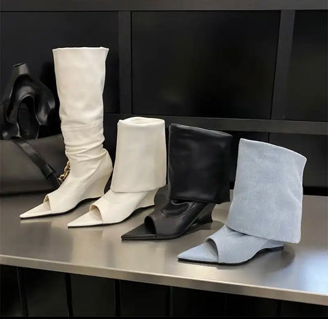 Women Fashion Pointed Open Toe Wedge Boots