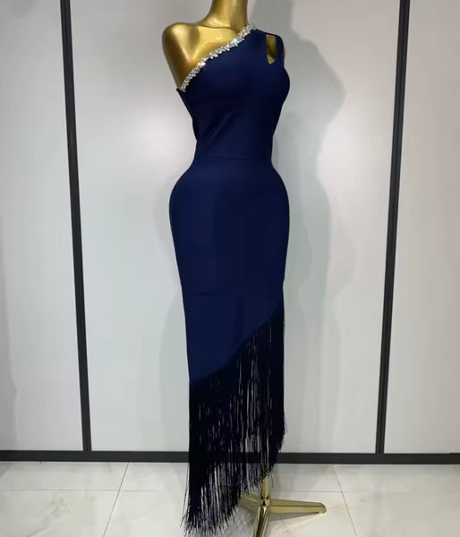 Women One Shoulder Sleeveless Blue Rhinestone Sexy Maxi Dress