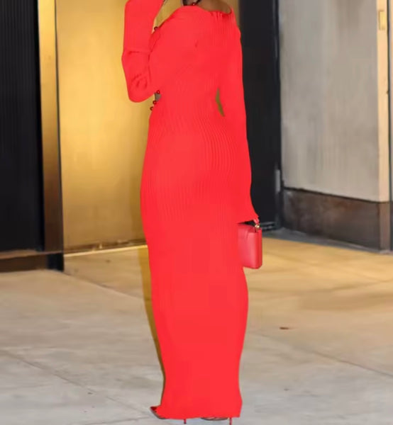Women Red Cut Out Full Sleeve Sexy Maxi Dress