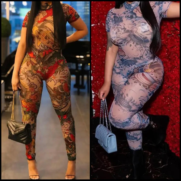Women Sexy Printed Mesh Open Back Short Sleeve Jumpsuit