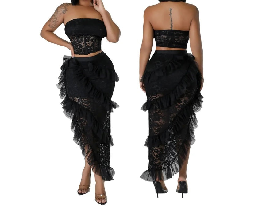 Women Lace Sexy Strapless Ruffled Two Piece Skirt Set