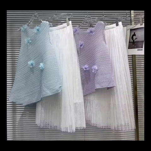 Women 3D Floral Sleeveless Pleated Two Piece Maxi Skirt Set