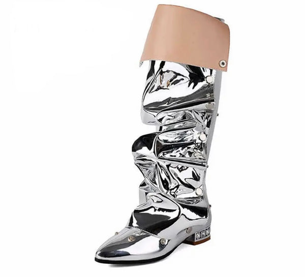 Women Fashion Pointed Toe Patent Leather Button Flat Boots