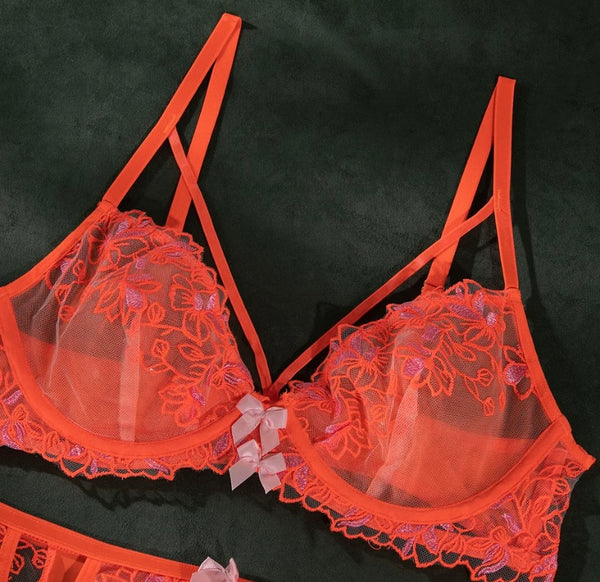 Women Sexy Orange Lace Lingerie Set
