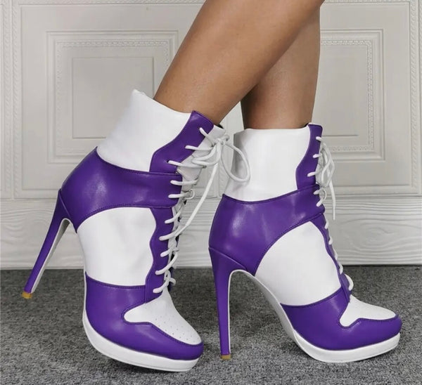 Women High Heel Color Patchwork Lace Up Ankle Boots