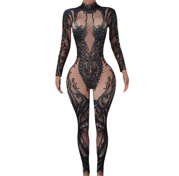 Women Sexy Full Sleeve Rhinestone Mesh Patchwork Jumpsuit