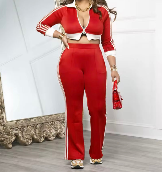 Women Color Fashion Full Sleeve Striped Tracksuit Two Piece Pant Set