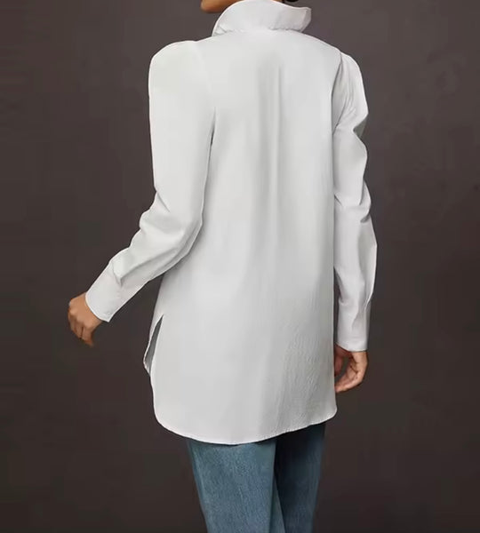 Women White Ruffled Button Up Full Sleeve Fashion Top