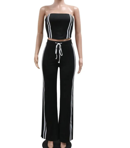 Women Color Sexy Strapless Striped Two Piece Pant Set