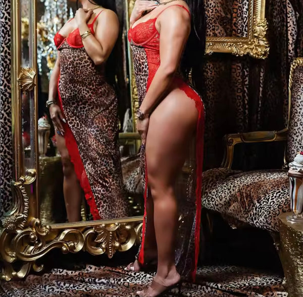 Women Sexy Red Lace Leopard Mesh Nightgown Set
