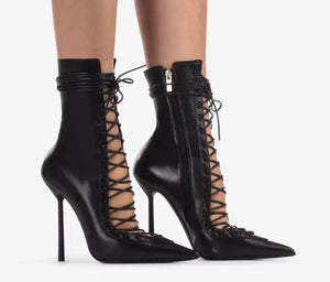 Women Black Pointed Toe Lace Up Ankle/Knee High Fashion Boots