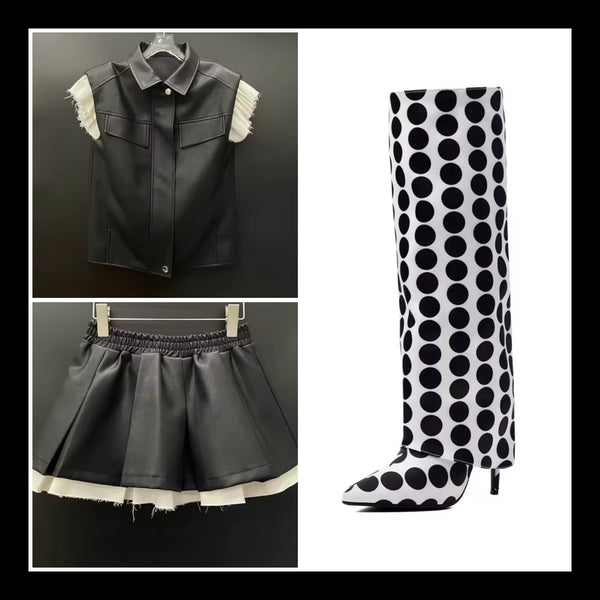Women Fashion White Polka Dot Pointed Toe Knee High Boots