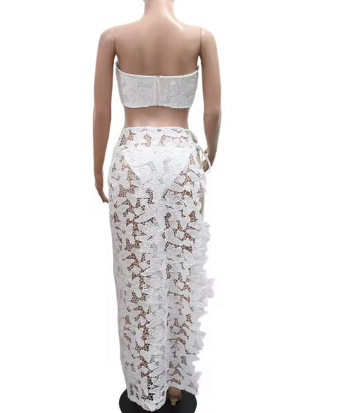 Women Color Sexy Strapless Bikini  Lace Cover Up Set
