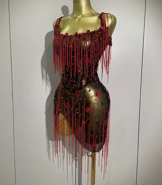 Women Sexy Sleeveless Black Beaded Crystal Tassel Mesh Dress