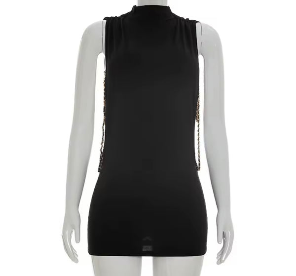 Women Sexy Black Sleeveless Chain Short Dress