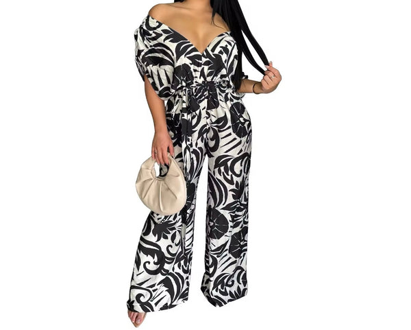 Women Off The Shoulder Short Sleeve Printed Jumpsuit