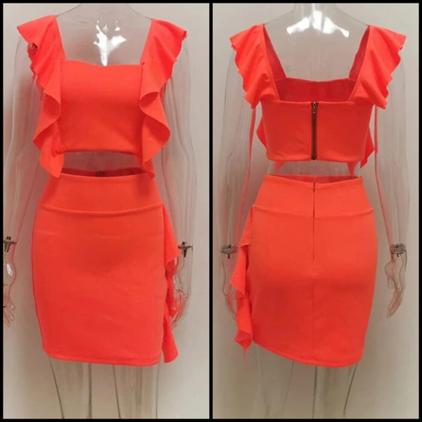 Women Sexy Solid Color Ruffled Sleeveless Two Piece Skirt Set