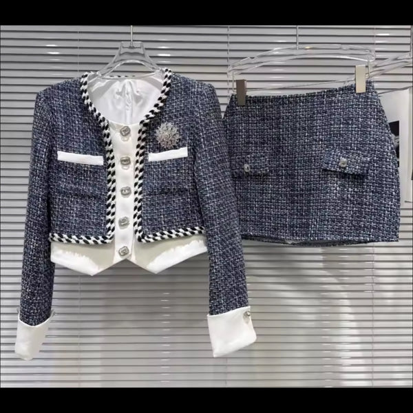 Women Sexy Fashion Blue Tweed Blazer Two Piece Skirt Set