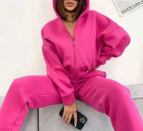 Women Fashion Color Hooded Zip Up Two Piece Tracksuit Pant Set