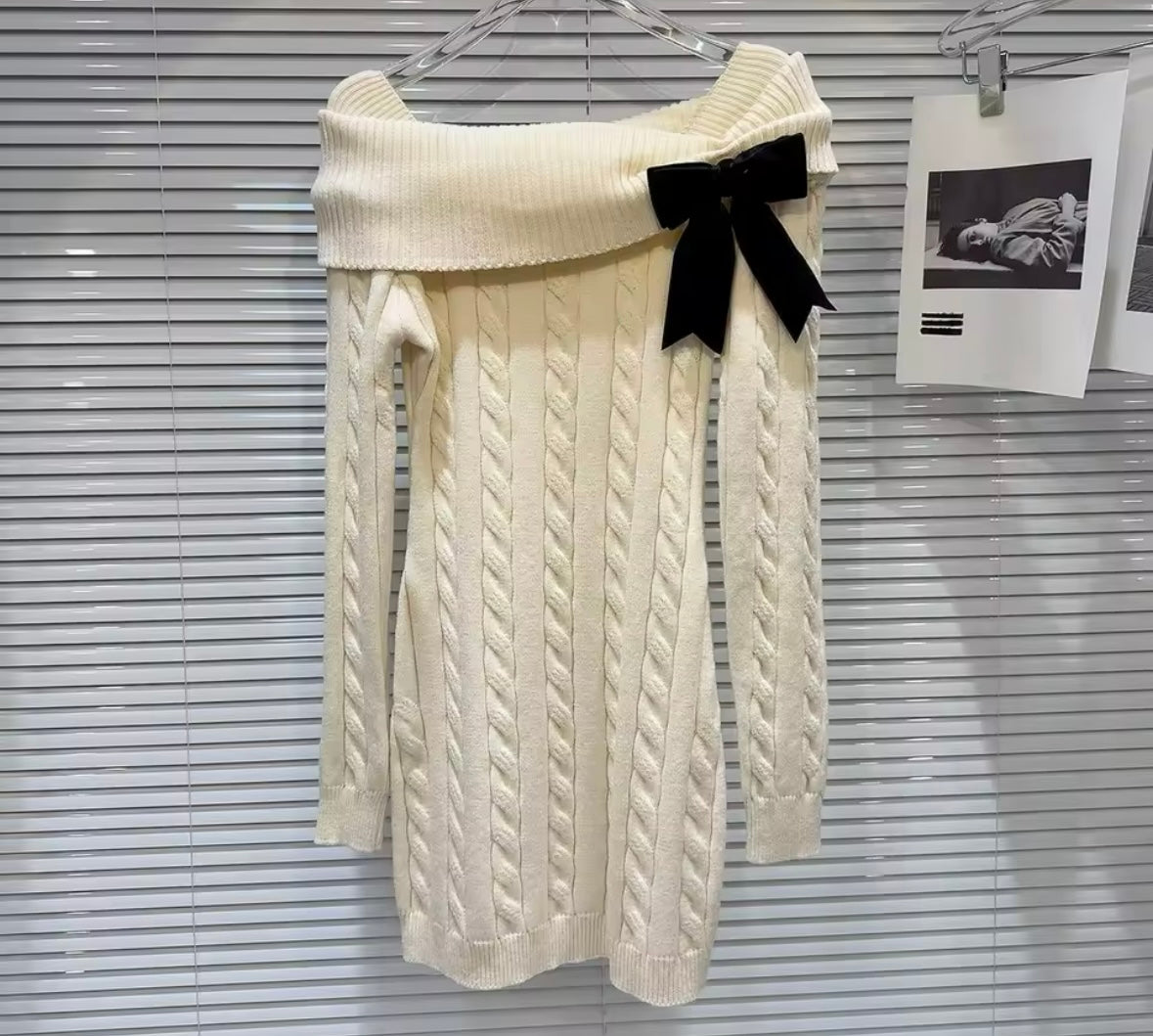 Women Sexy Off The Shoulder Bow Full Sleeve Sweater Dress