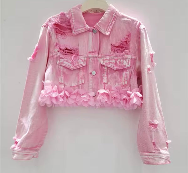 Women Fashion Pink Ripped 3D Floral Denim Jacket Two Piece Skirt Set