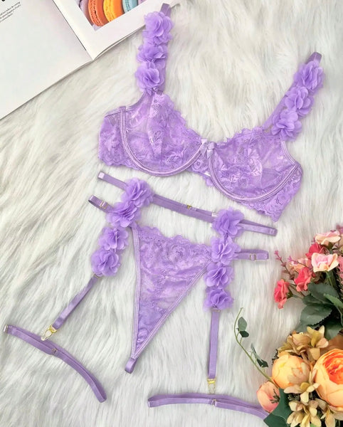 Women Sexy Lavender Floral Lace Lingerie Set