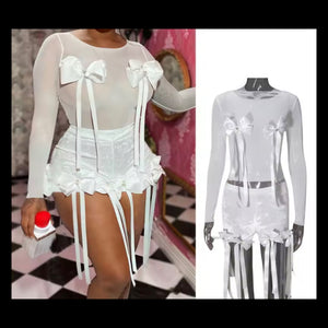Women White Bow Tassel Full Sleeve Two Piece Short Set