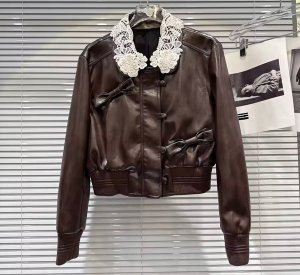 Women Brown Lace Patchwork Bow Faux Leather Jacket