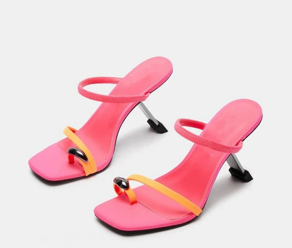 Women Fashion Metal Color Patchwork High Heel Slide On Sandals