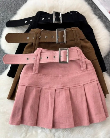 Women Fashion Belted Pleated Skirt