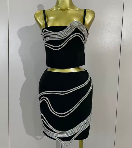Women Sleeveless Rhinestone Patchwork Two Piece Skirt Set