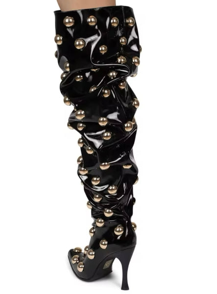 Women Fashion Black Gold Metal Over The Knee Boots