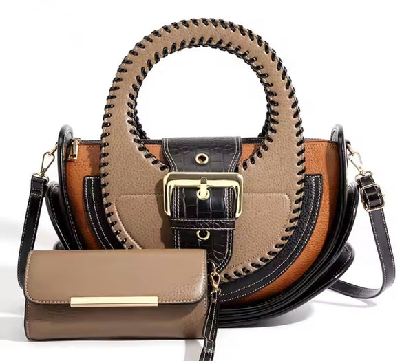 Women Fashion Color Patchwork Buckled Leather Wallet Purse Set