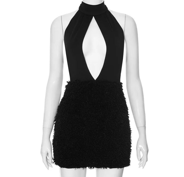 Women Black Sexy Halter Sleeveless Furry Dress