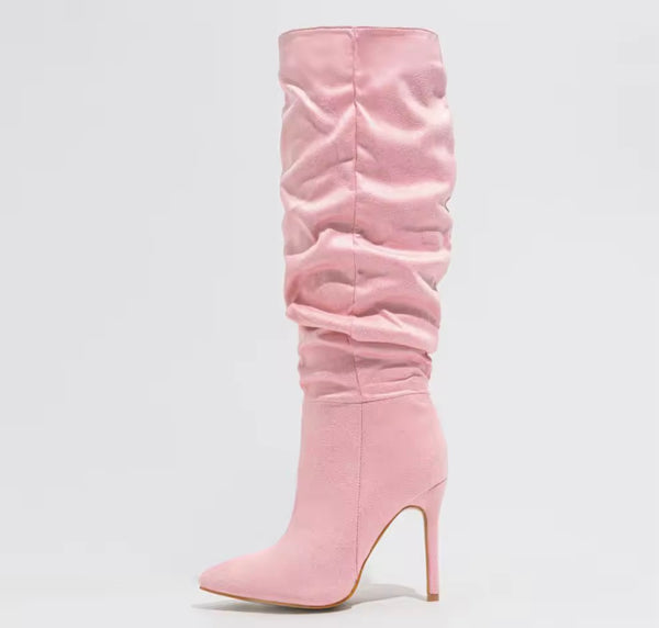 Women Fashion Suede Ruched Knee High Boots