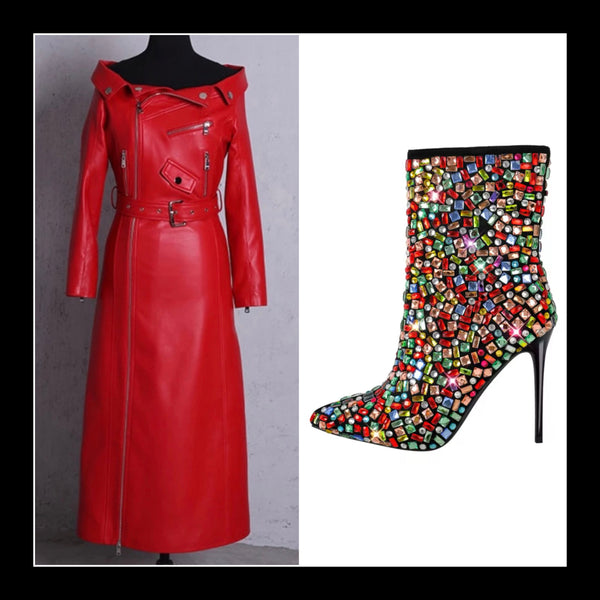 Women S-7X Sexy Off The Shoulder Zipper Leather Maxi Dress
