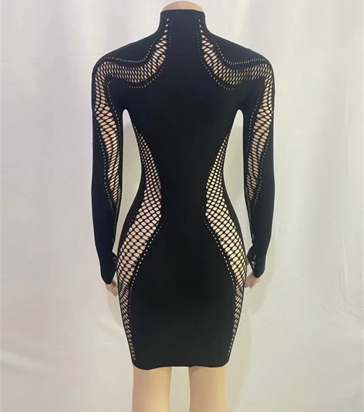 Women Sexy Solid Color Fishnet Patchwork Full Sleeve Dress