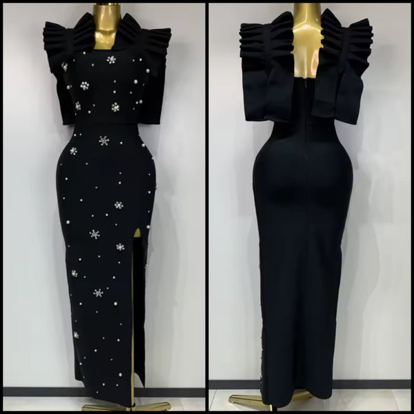Women Sexy Black Rhinestone Pearl Sleeveless Maxi Dress