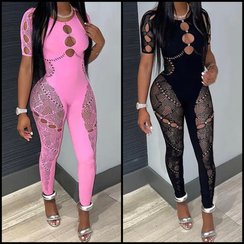 Women Sexy Short Sleeve Lace Bling Patchwork Jumpsuit