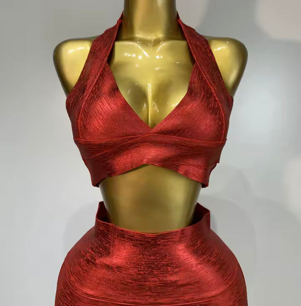 Women Red Halter Sleeveless Crop Sexy Two Piece Skirt Set