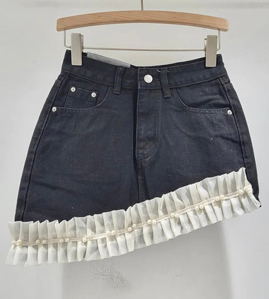 Women Fashion Ruffled Pearl Asymmetrical Denim Skirt