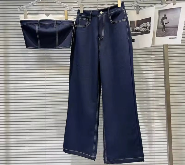 Women Fashion Strapless Crop Denim Two Piece Pant Set