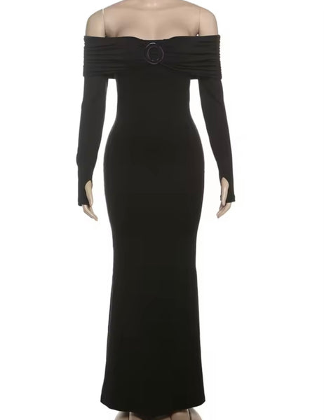 Women Sexy Solid Color Off The Shoulder Full Sleeve Maxi Dress