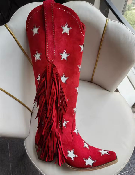 Women Fashion Star Fringe Tassel Knee High Western Boots