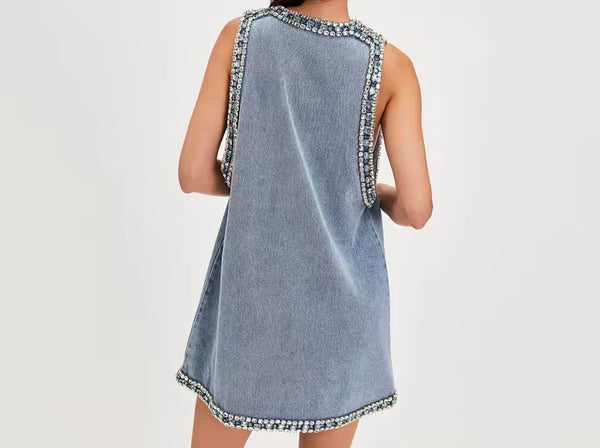 Women Sexy V-Neck Sleeveless Rhinestone Denim Dress