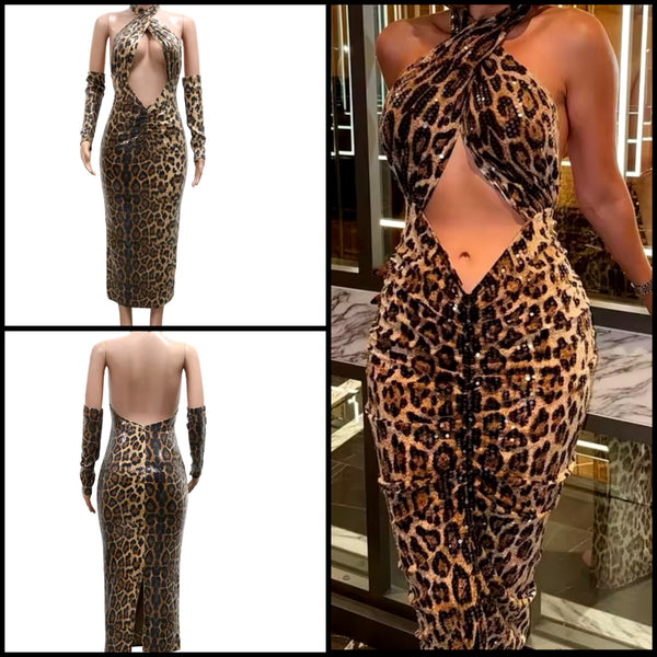 Women Sexy Sequins Leopard Halter Cut Out Glove Dress