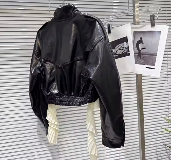 Women Fashion Ruffled Button Up Asymmetrical Faux Leather Jacket