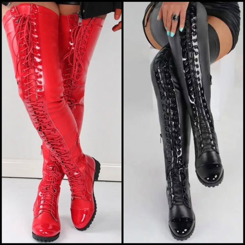 Women Lace Up Over The Knee Fashion Flat Boots