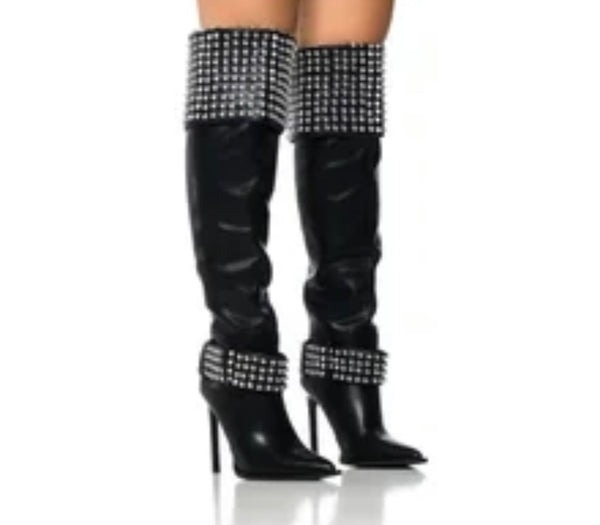 Women Fashion Bling Patchwork Faux Leather Knee High Boots